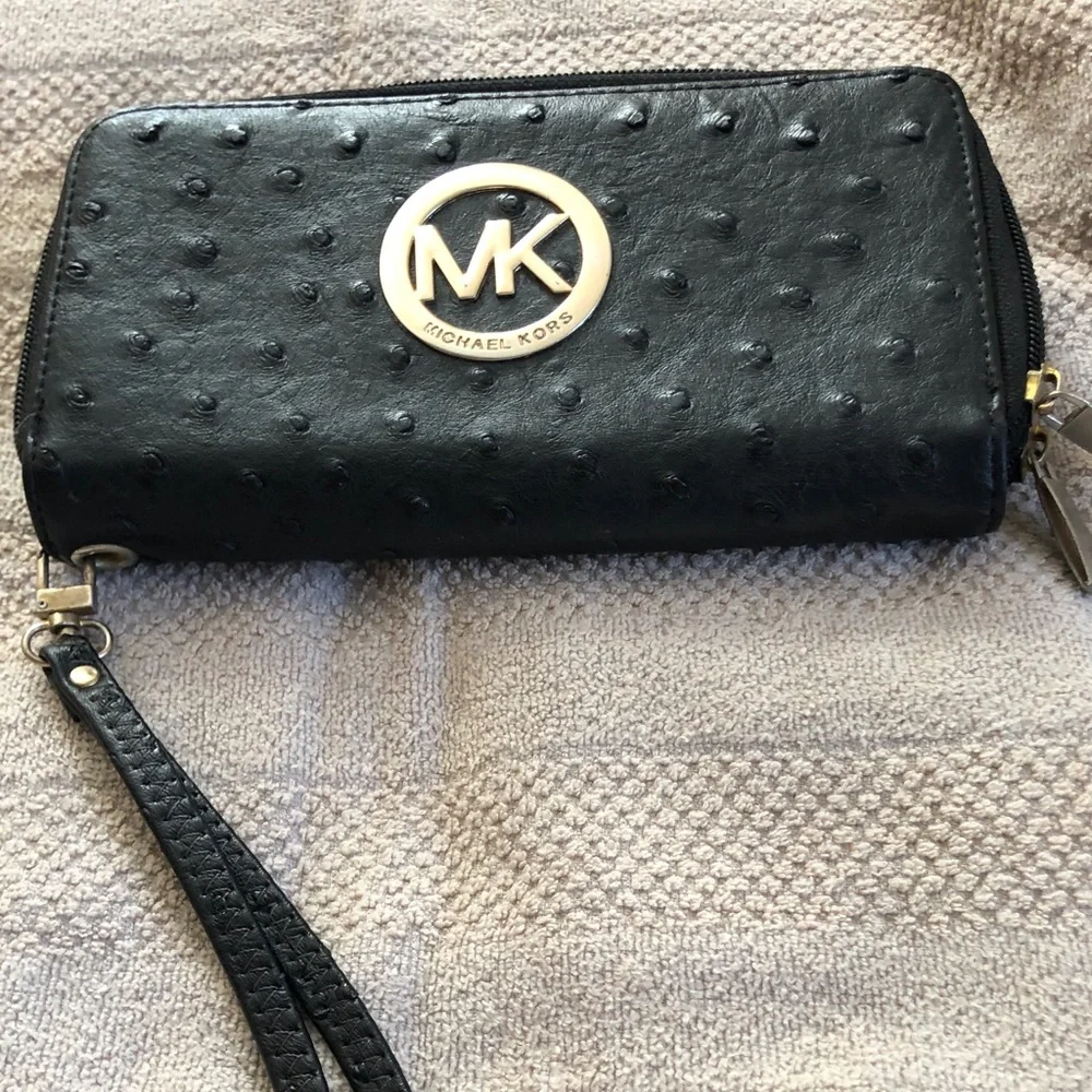 Michael Kors Black Textured Leather Wristlet with Gold MK Medallion